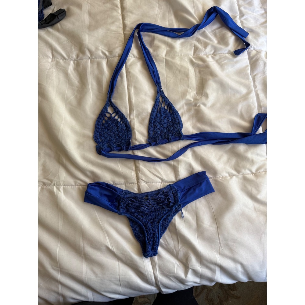 Indah Handmade Style Royal Blue Crochet Two Piece Bikini Set Size medium